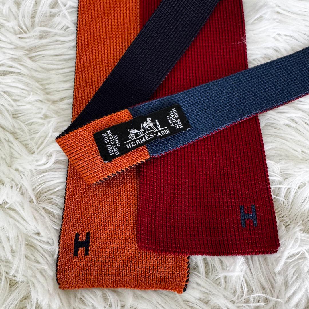 エルメス HERMES ニットタイ 4WAY ロゴ刺繍 リバーシブル イタリア製