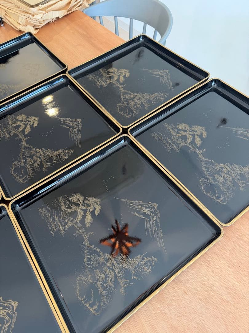 輪島塗　本塗師 渡辺信一　山水　脚付き会席膳　8枚セット　美品