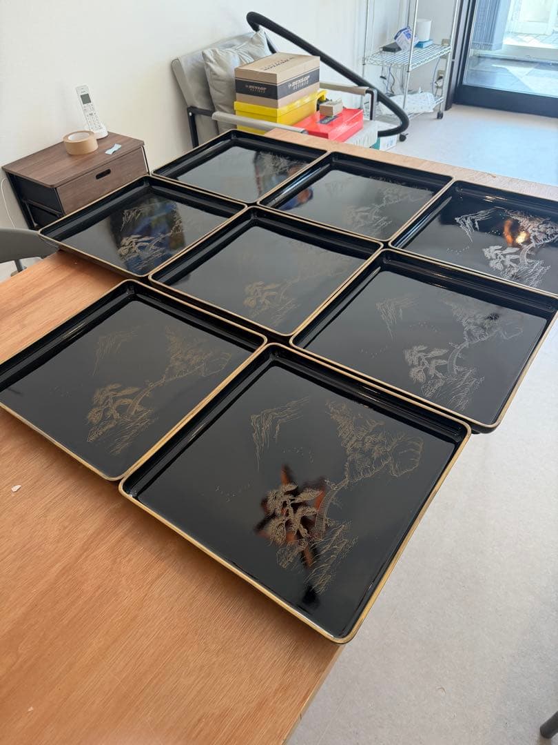 輪島塗　本塗師 渡辺信一　山水　脚付き会席膳　8枚セット　美品