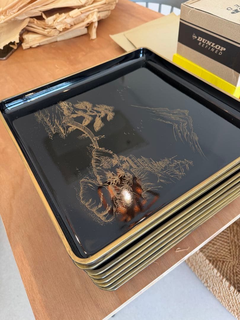 輪島塗　本塗師 渡辺信一　山水　脚付き会席膳　8枚セット　美品