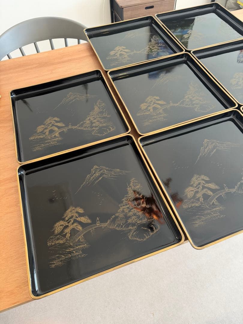 輪島塗　本塗師 渡辺信一　山水　脚付き会席膳　8枚セット　美品