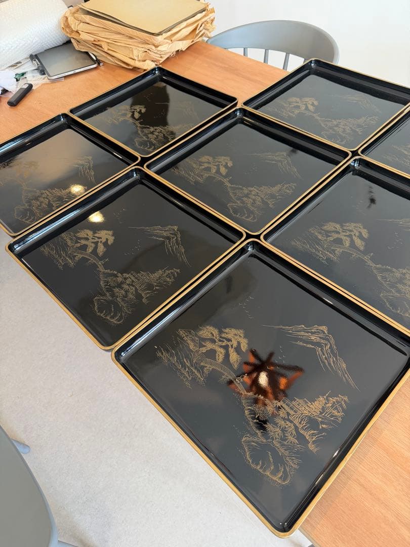 輪島塗　本塗師 渡辺信一　山水　脚付き会席膳　8枚セット　美品