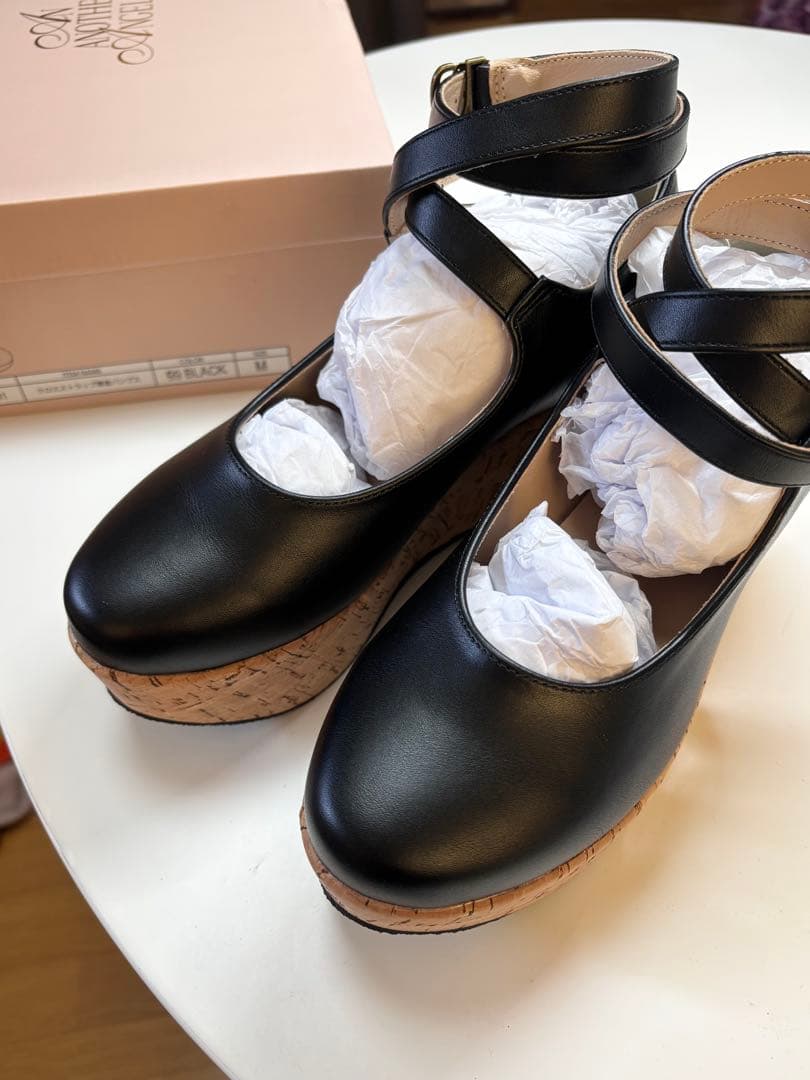 クロスストラップ 厚底パンプス 黒 M