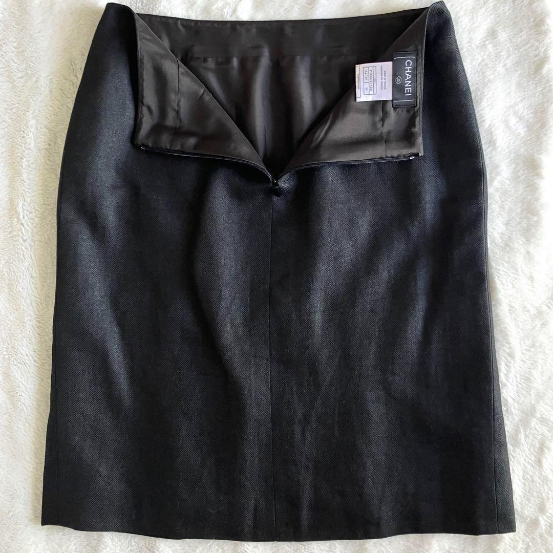 シャネル 05C リネンカシミヤ ココマーク膝丈スカート 38 チャコールグレー