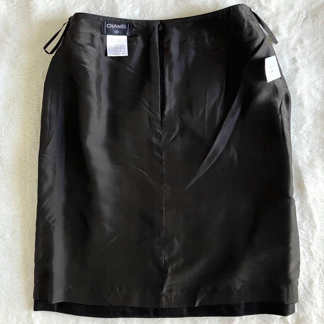 シャネル 05C リネンカシミヤ ココマーク膝丈スカート 38 チャコールグレー