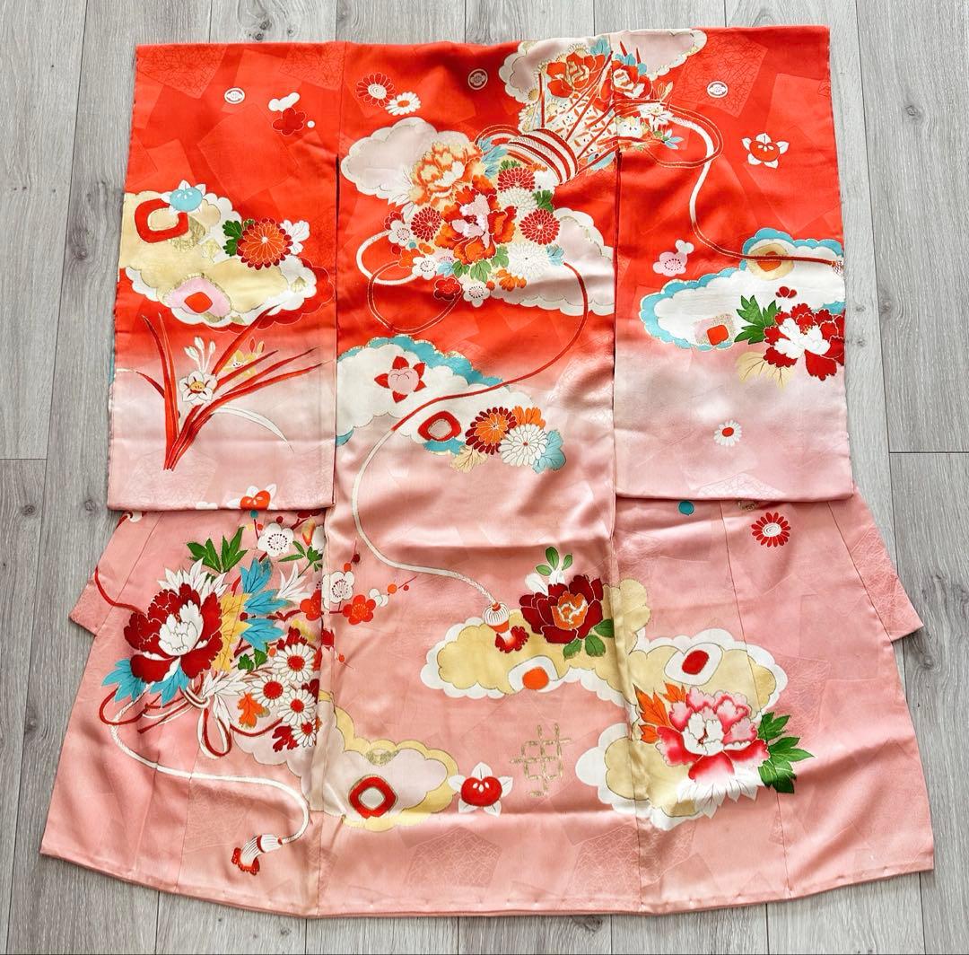 アンティーク 女児 お宮参り 祝い着 赤ピンクぼかし 金彩 金駒刺繍 長襦袢付き