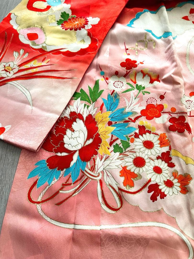 アンティーク 女児 お宮参り 祝い着 赤ピンクぼかし 金彩 金駒刺繍 長襦袢付き