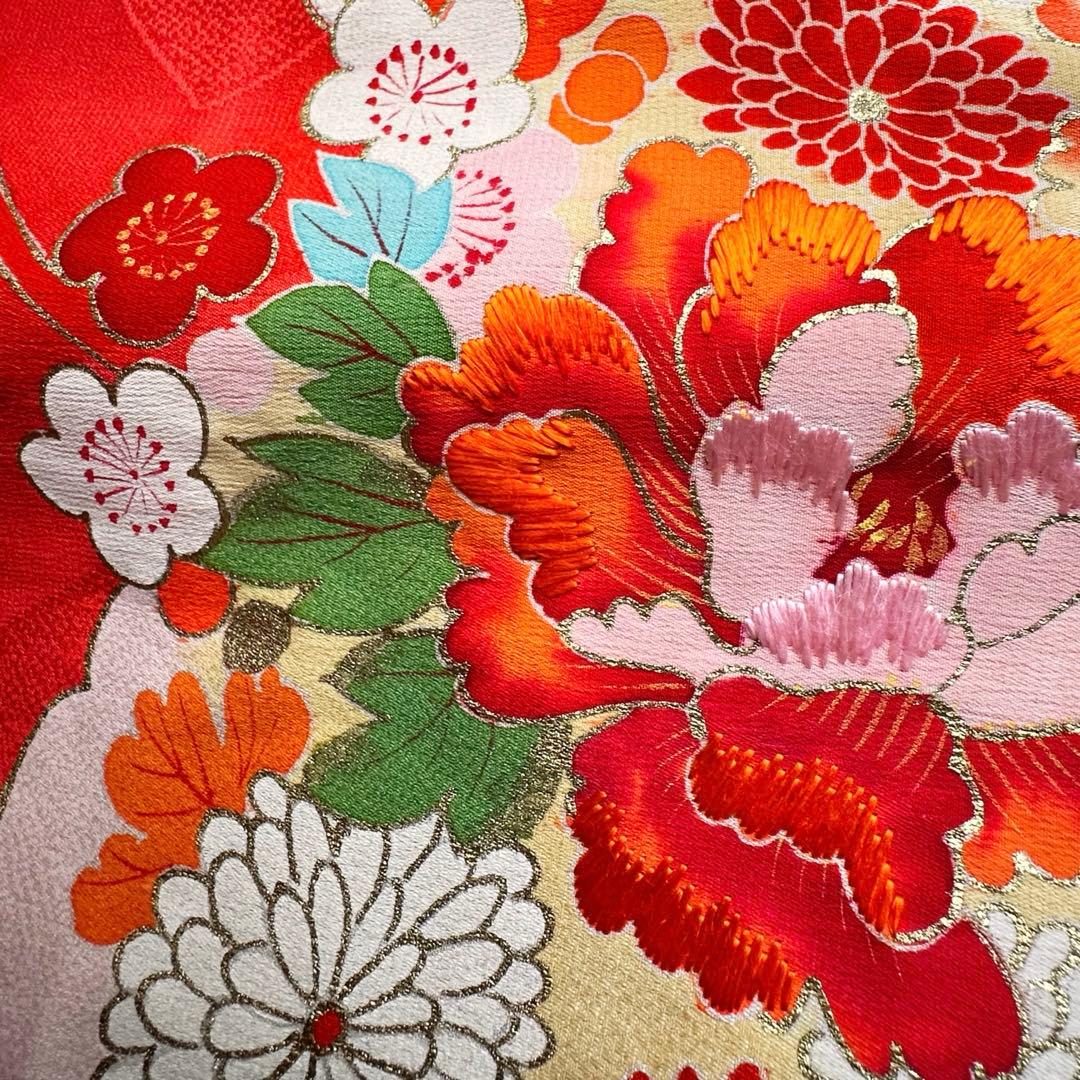 アンティーク 女児 お宮参り 祝い着 赤ピンクぼかし 金彩 金駒刺繍 長襦袢付き