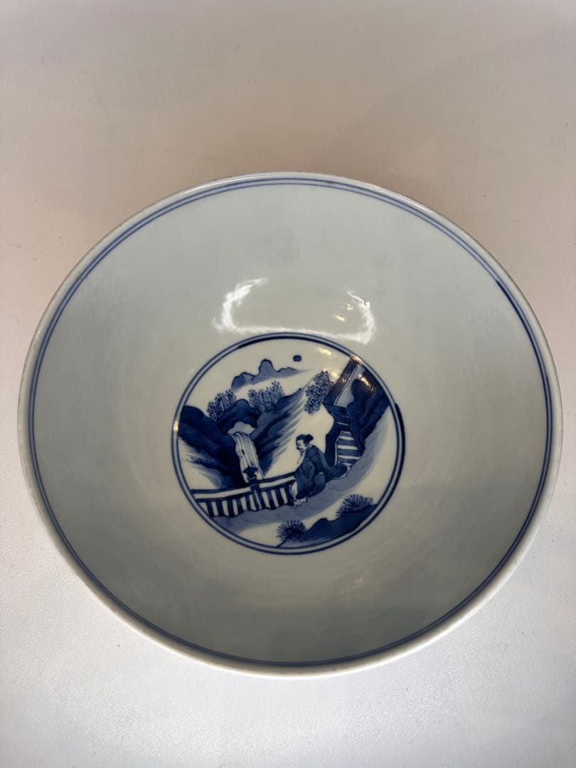 本mercy専用　中国清時代 大明成化年製青花染付狩猟図碗 古陶磁骨董品染め付け