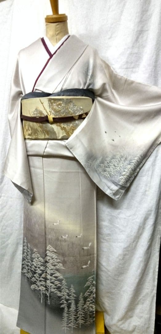 高級付け下げ、シルバー、山水柄、未使用