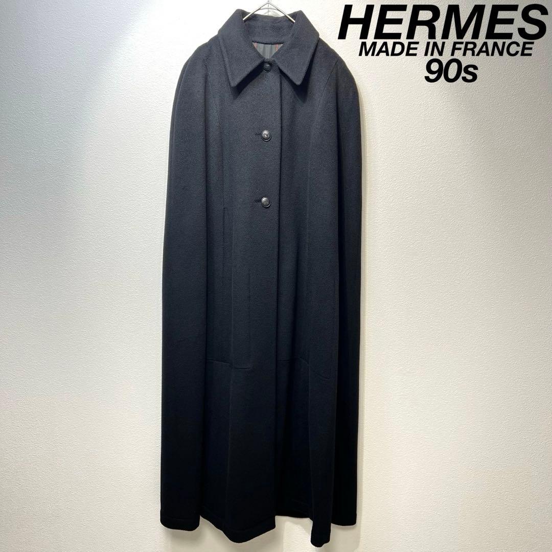 希少 美品 90年製 HERMES ウール カシミヤ ケープコート ポンチョ