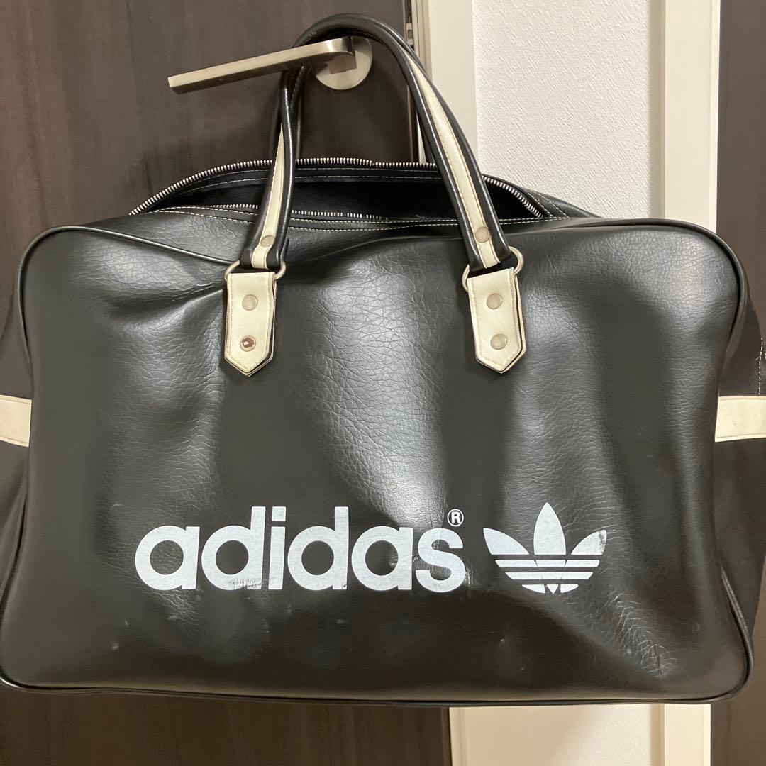 難あり ユーロヴィンテージ フランス製adidas ボストンレザーバッグ 黒/白