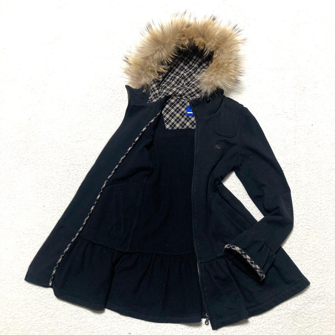 バーバリーブルーレーベル ロングパーカー ファー べプラム ブラック 38