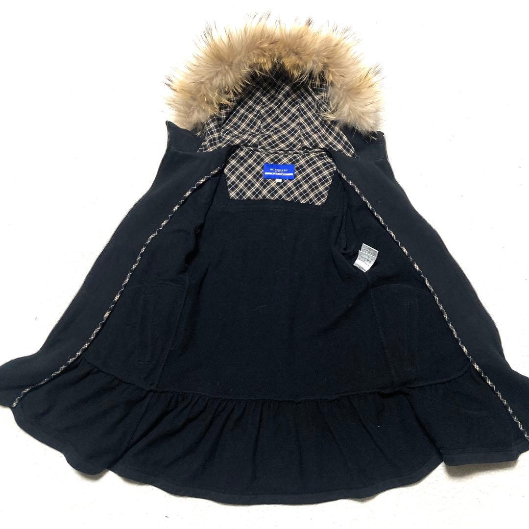 バーバリーブルーレーベル ロングパーカー ファー べプラム ブラック 38