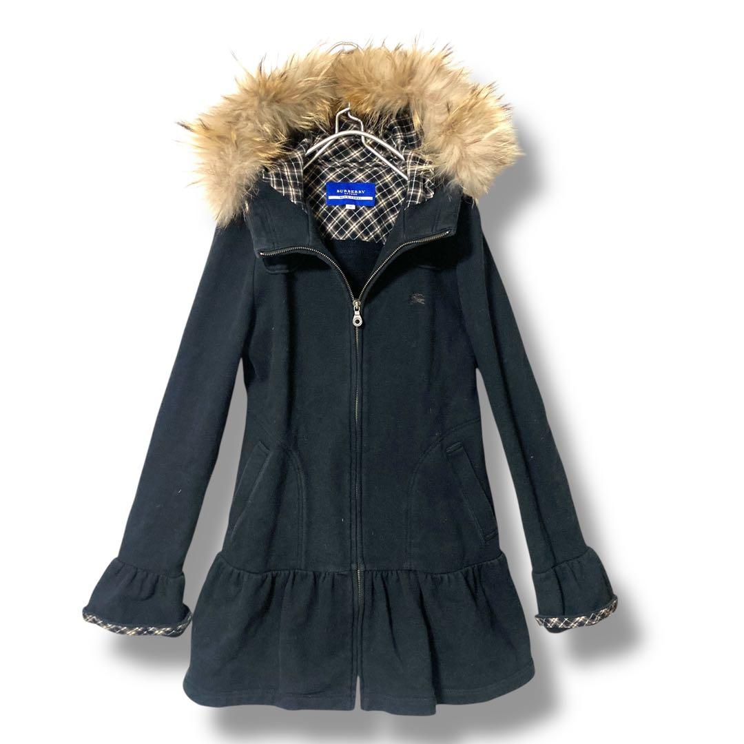 バーバリーブルーレーベル ロングパーカー ファー べプラム ブラック 38