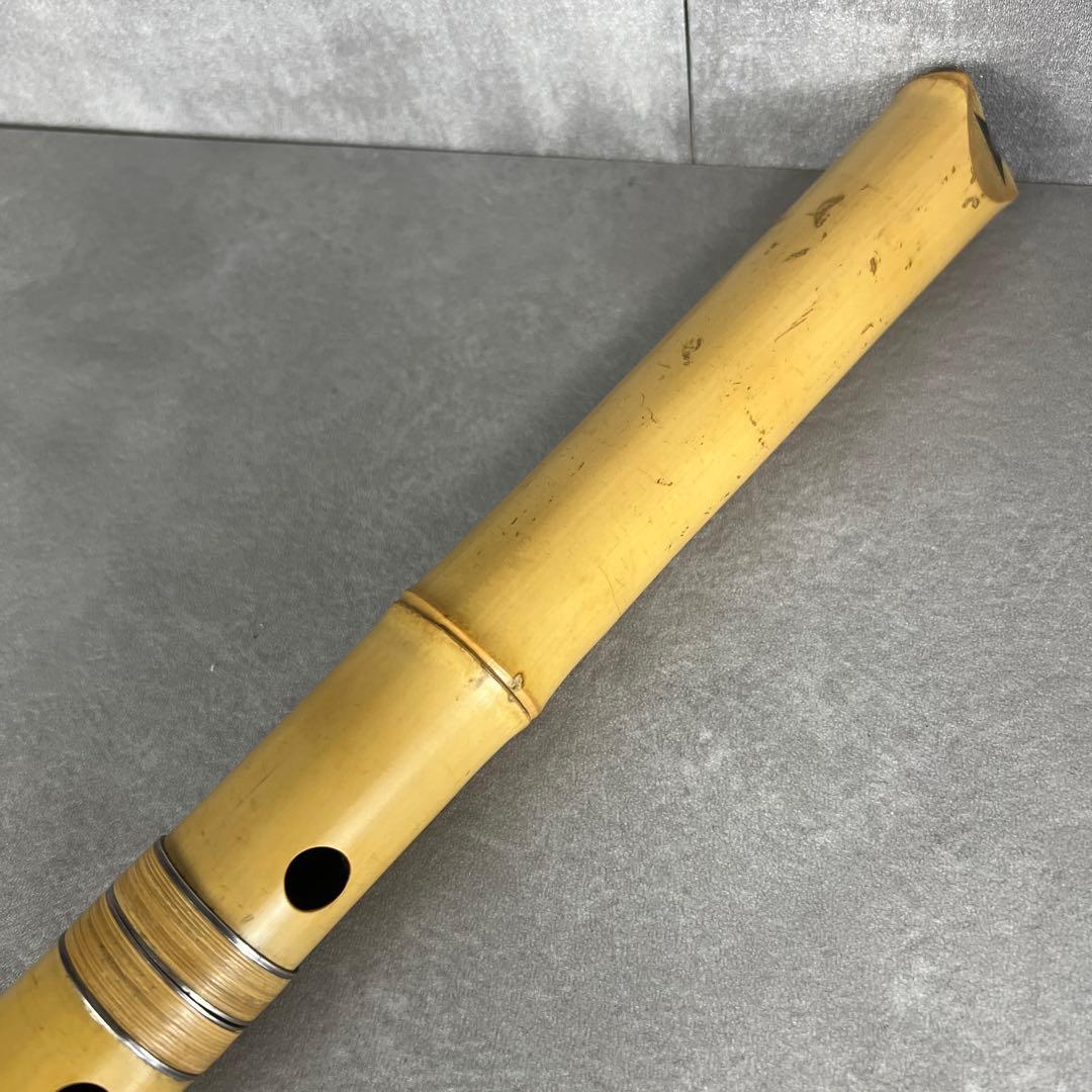 尺八　琴古流　バチ型　銘あり　竹治　1印　1尺4寸　5孔　銀三線　真竹　現状品