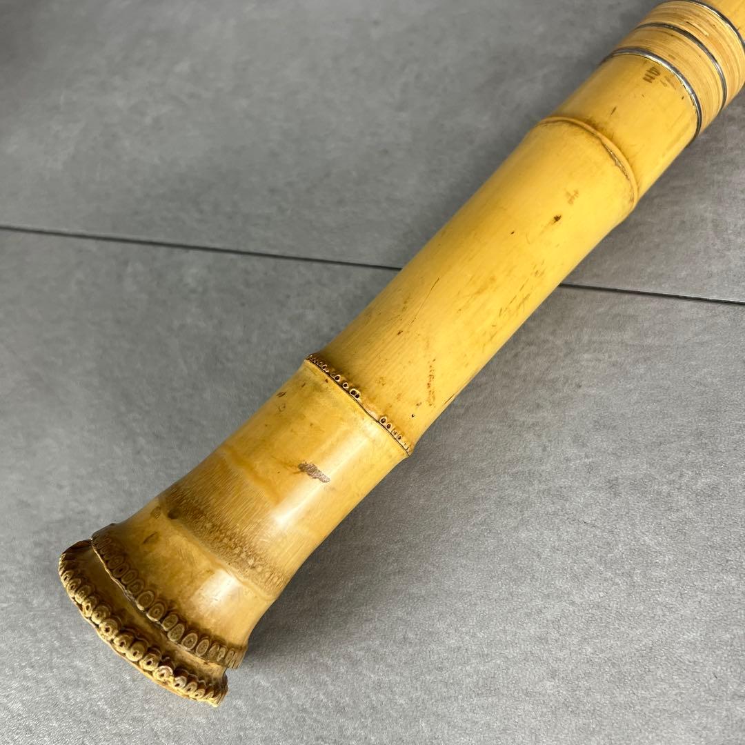 尺八　琴古流　バチ型　銘あり　竹治　1印　1尺4寸　5孔　銀三線　真竹　現状品