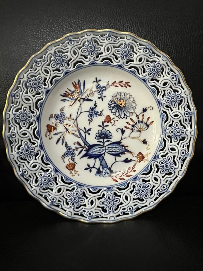 マイセン 朱金オニオン 透かし皿 レース飾皿21cm超貴重