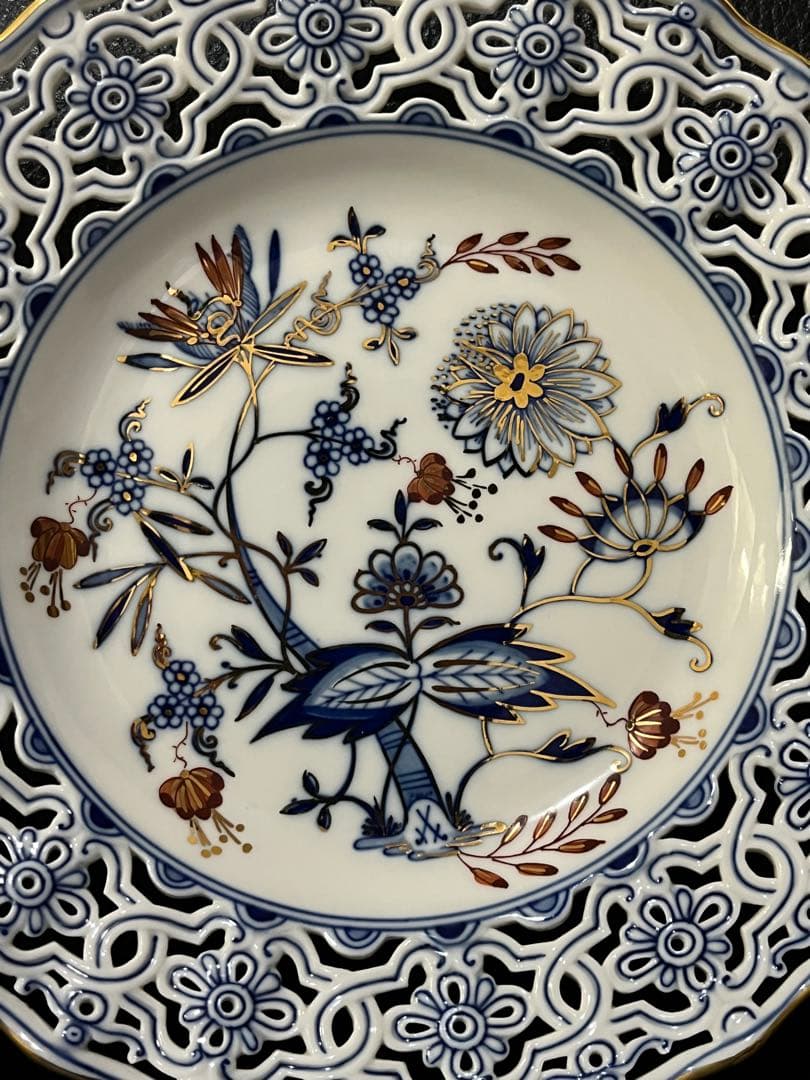 マイセン 朱金オニオン 透かし皿 レース飾皿21cm超貴重