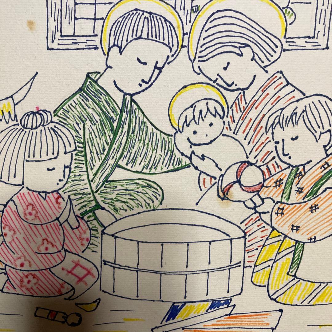 バチカン切手の作者　小関きみ子の聖家族ペン画色紙絵27×24額45×42cm