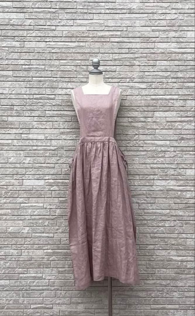 リネンレイヤード2wayエプロンワンピース　パープル