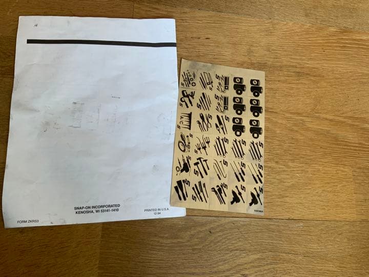 スナップオン 工具箱に付属のオーガナイザーシール と取説 snap-on