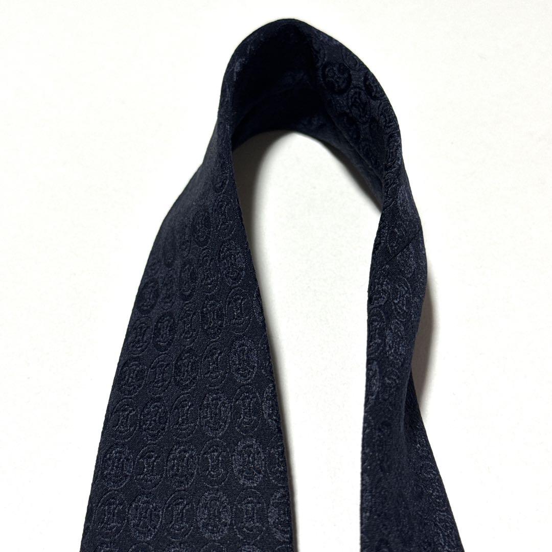 美品　セリーヌ　ネクタイ　マカダム　トリオンフ　ジャガード　無地　ネイビー