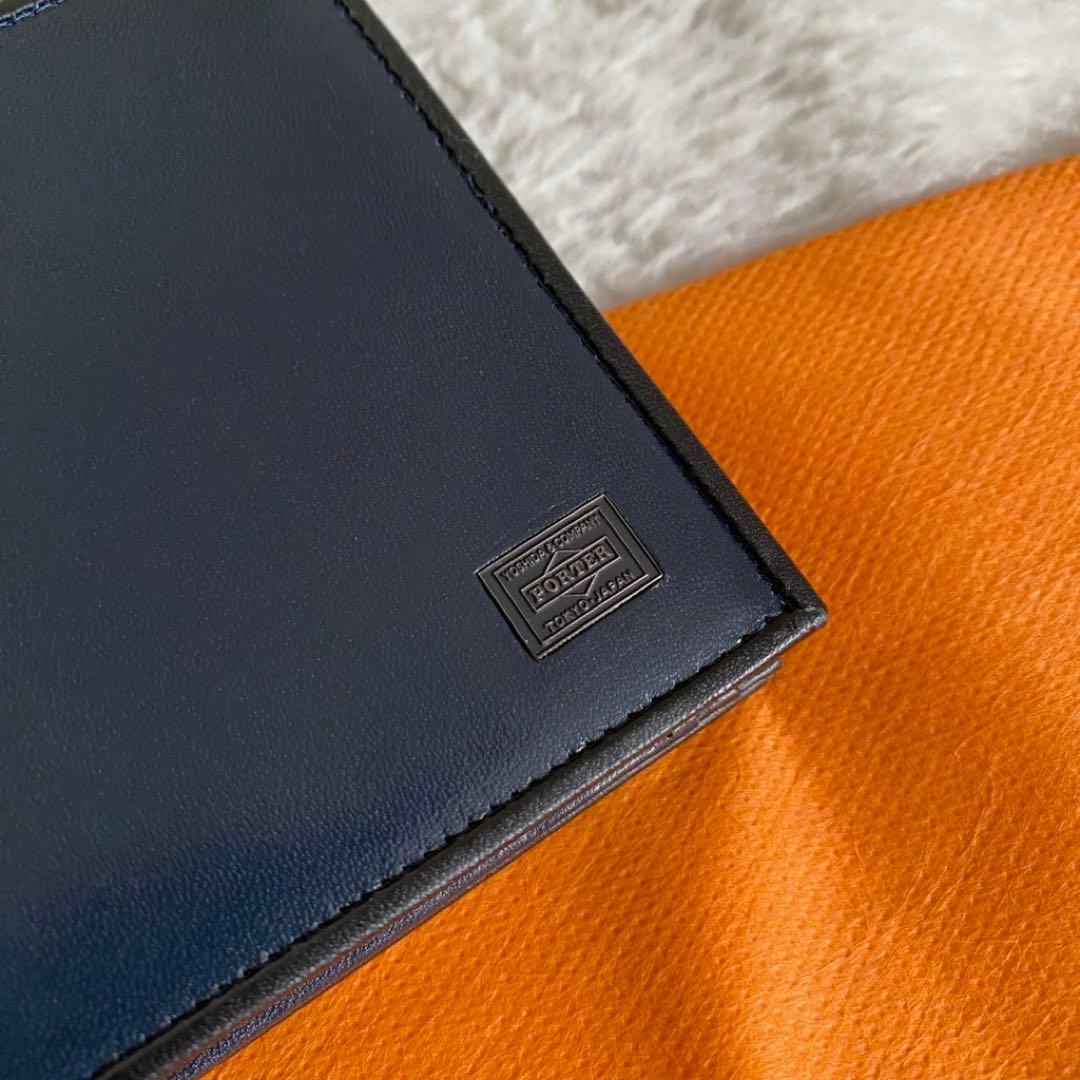 【美品】　ポーター　PLUME 二つ折り財布　本革　ネイビー　メンズ　レザー