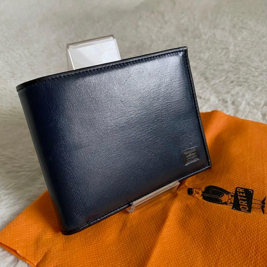 【美品】　ポーター　PLUME 二つ折り財布　本革　ネイビー　メンズ　レザー