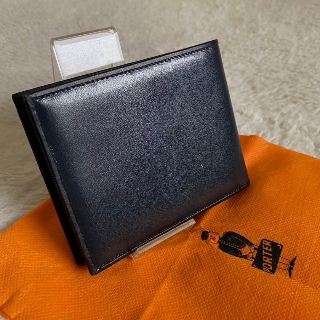 【美品】　ポーター　PLUME 二つ折り財布　本革　ネイビー　メンズ　レザー