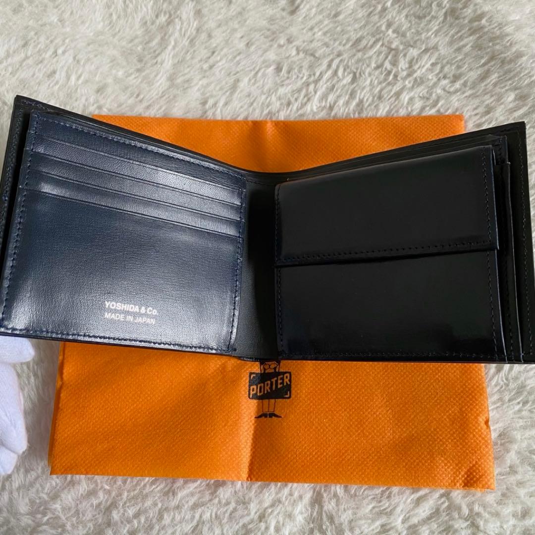 【美品】　ポーター　PLUME 二つ折り財布　本革　ネイビー　メンズ　レザー