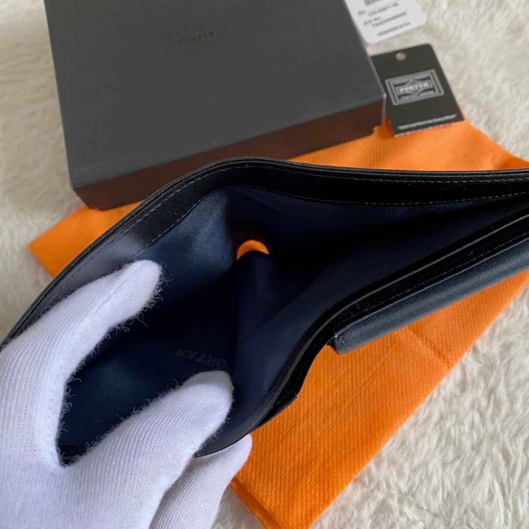 【美品】　ポーター　PLUME 二つ折り財布　本革　ネイビー　メンズ　レザー