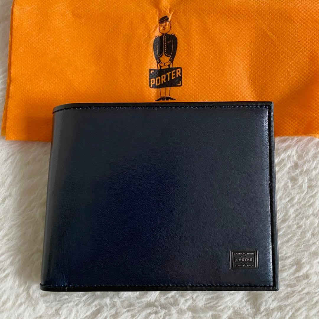【美品】　ポーター　PLUME 二つ折り財布　本革　ネイビー　メンズ　レザー