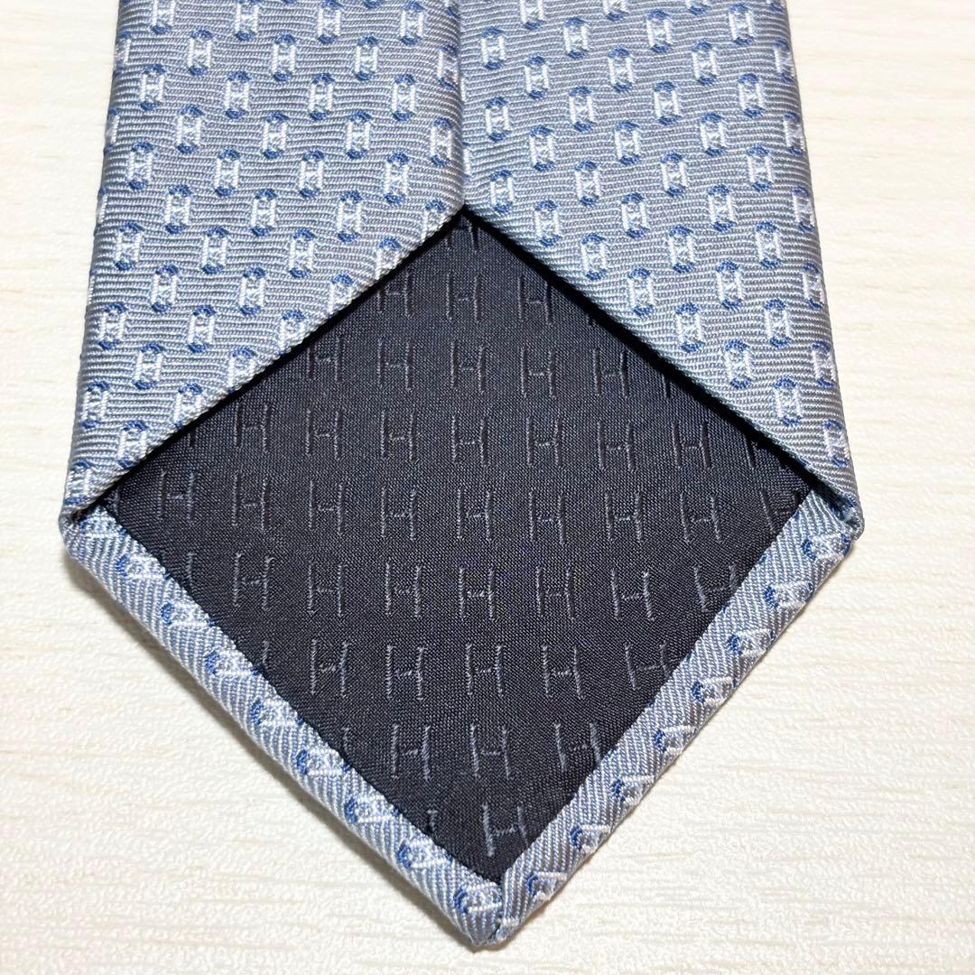 HERMES エルメス 美品 H柄 ジャガード織り グレー 帆船柄 ネクタイ