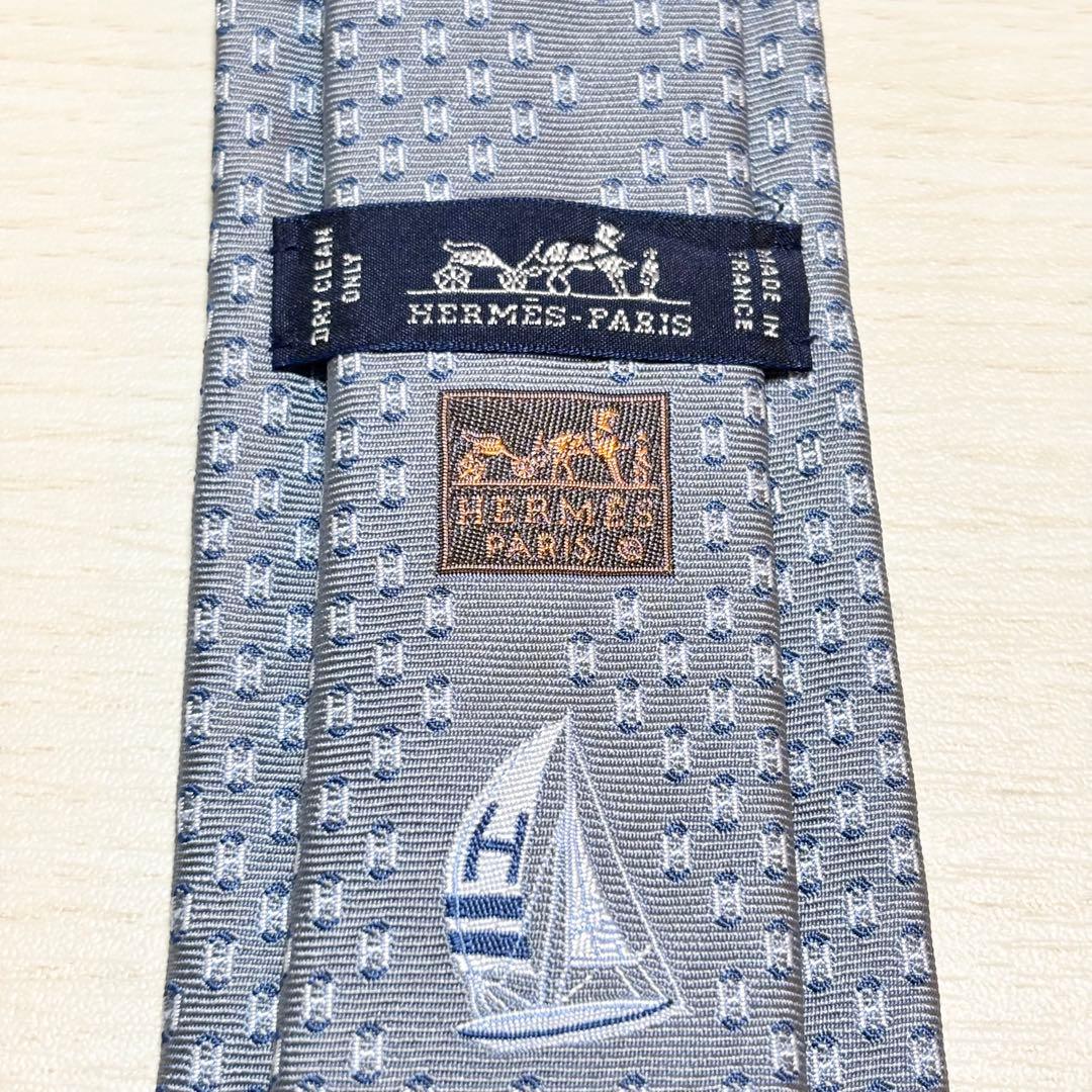 HERMES エルメス 美品 H柄 ジャガード織り グレー 帆船柄 ネクタイ