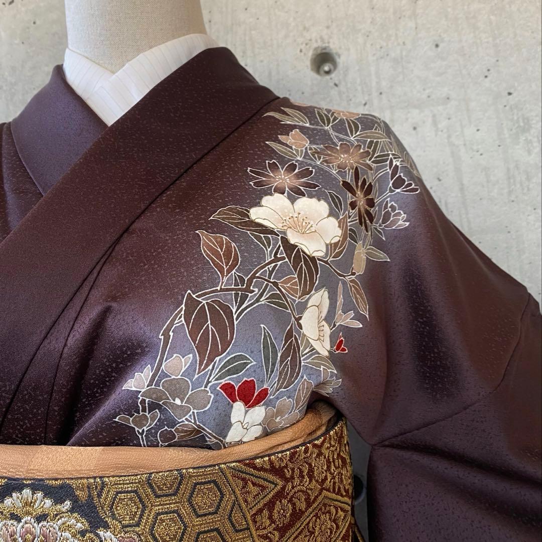 正絹　訪問着　ガード　背中に柄あり　金駒　くすみ紫系　袷