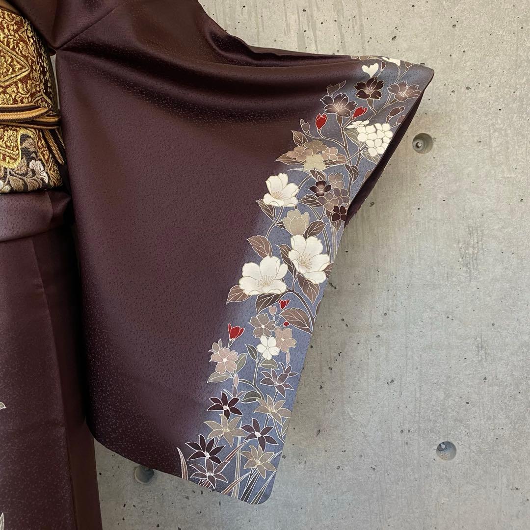 正絹　訪問着　ガード　背中に柄あり　金駒　くすみ紫系　袷