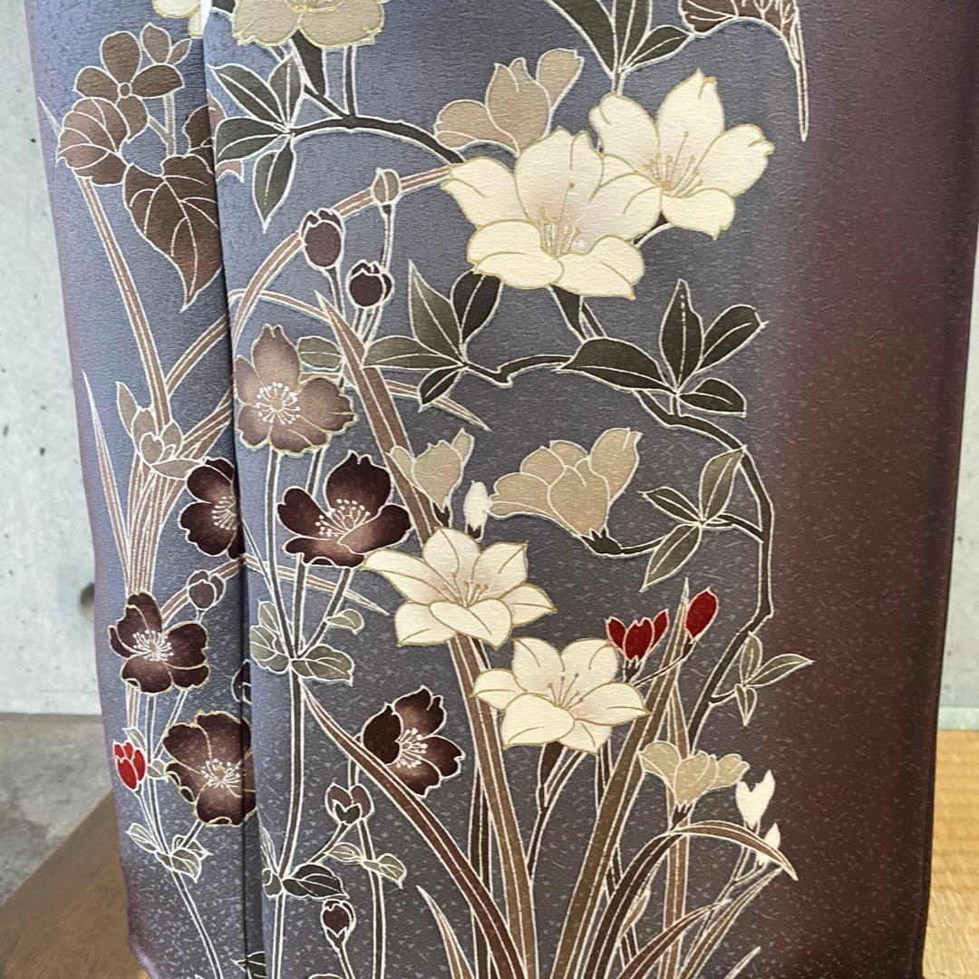 正絹　訪問着　ガード　背中に柄あり　金駒　くすみ紫系　袷