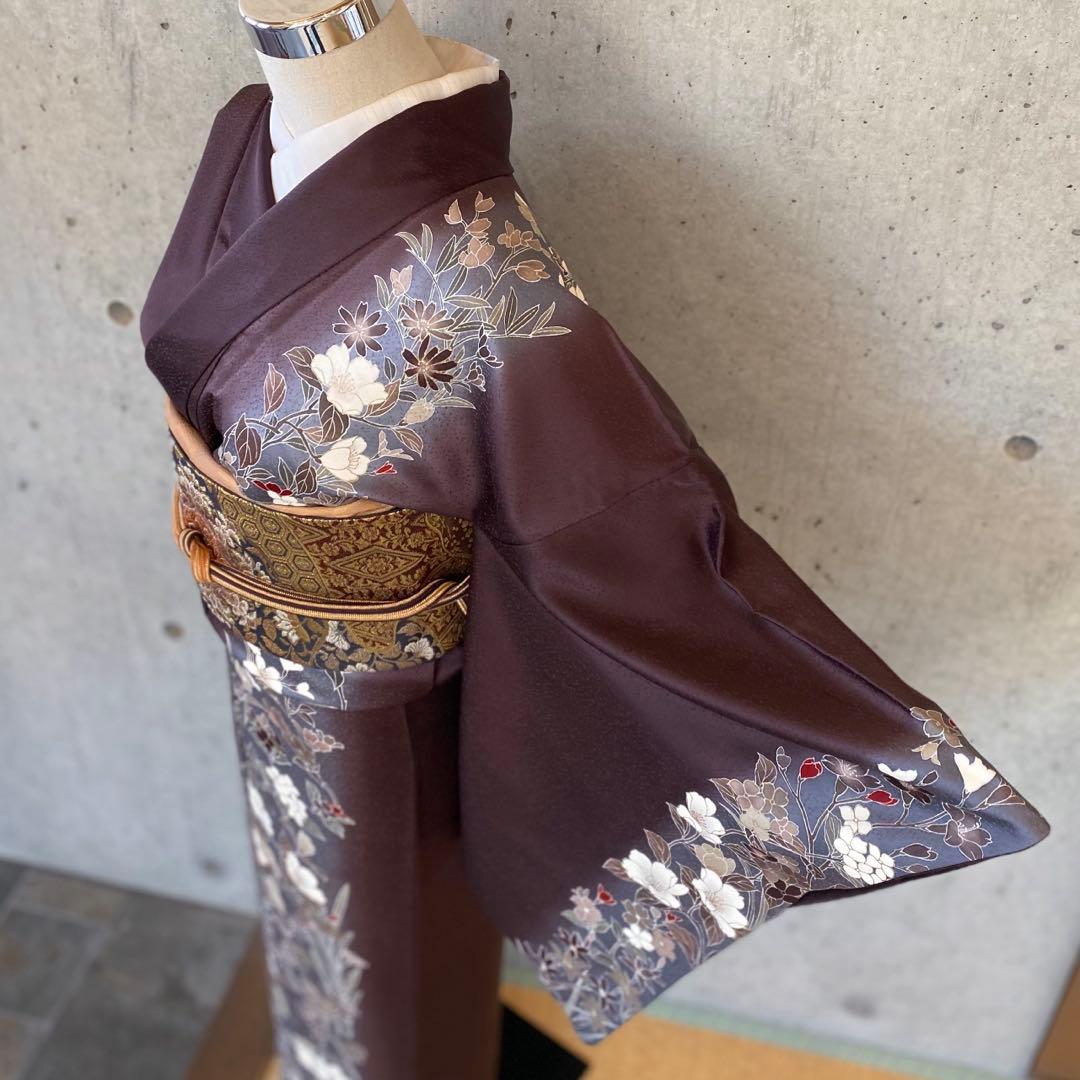 正絹　訪問着　ガード　背中に柄あり　金駒　くすみ紫系　袷
