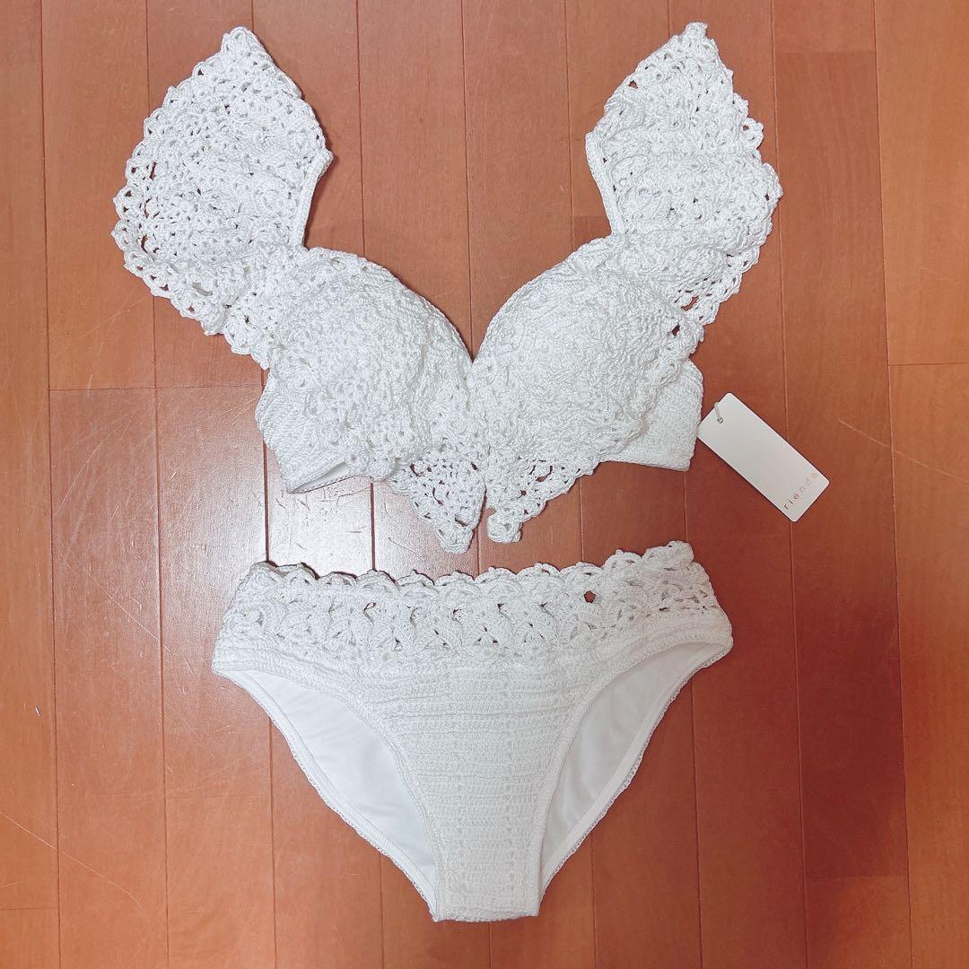 今季rienda ショルダーフリルクロシェカップビキニ ホワイト S