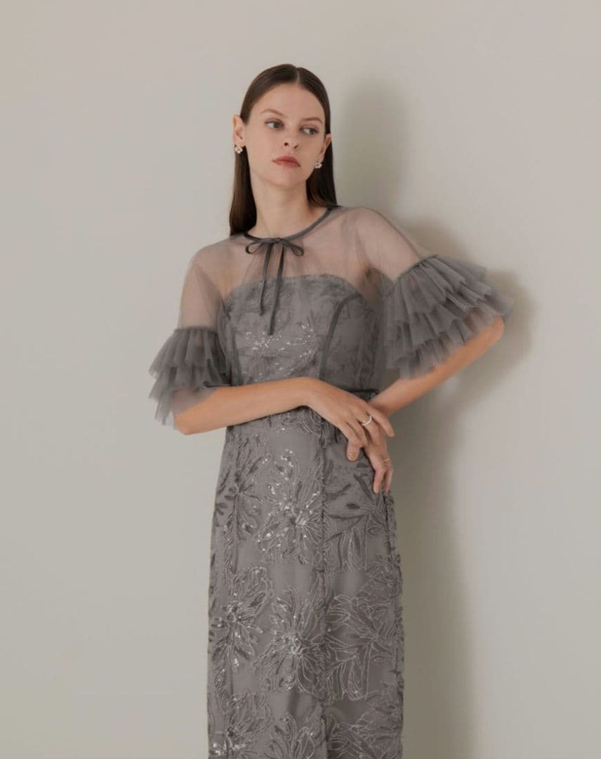 Leja チュールフリルリボンボレロスパンコール花柄刺繍ベアトップドレス