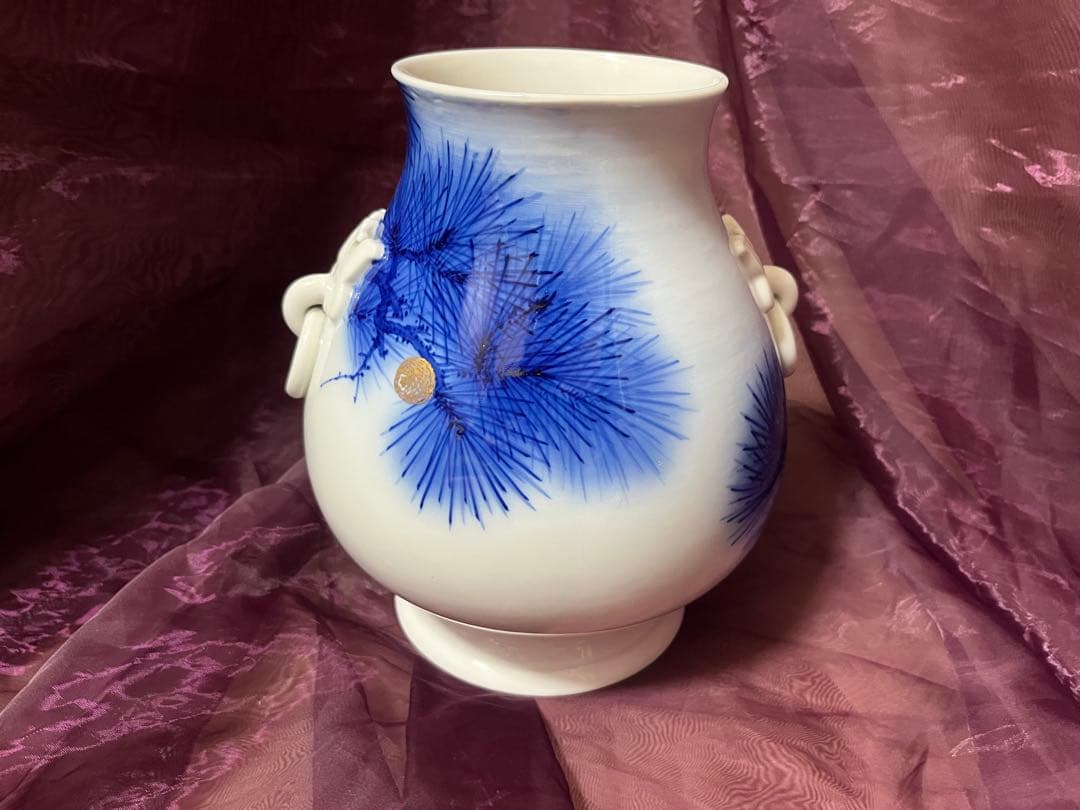 オールド香蘭社　染錦老松紋　耳付き花瓶　花瓶