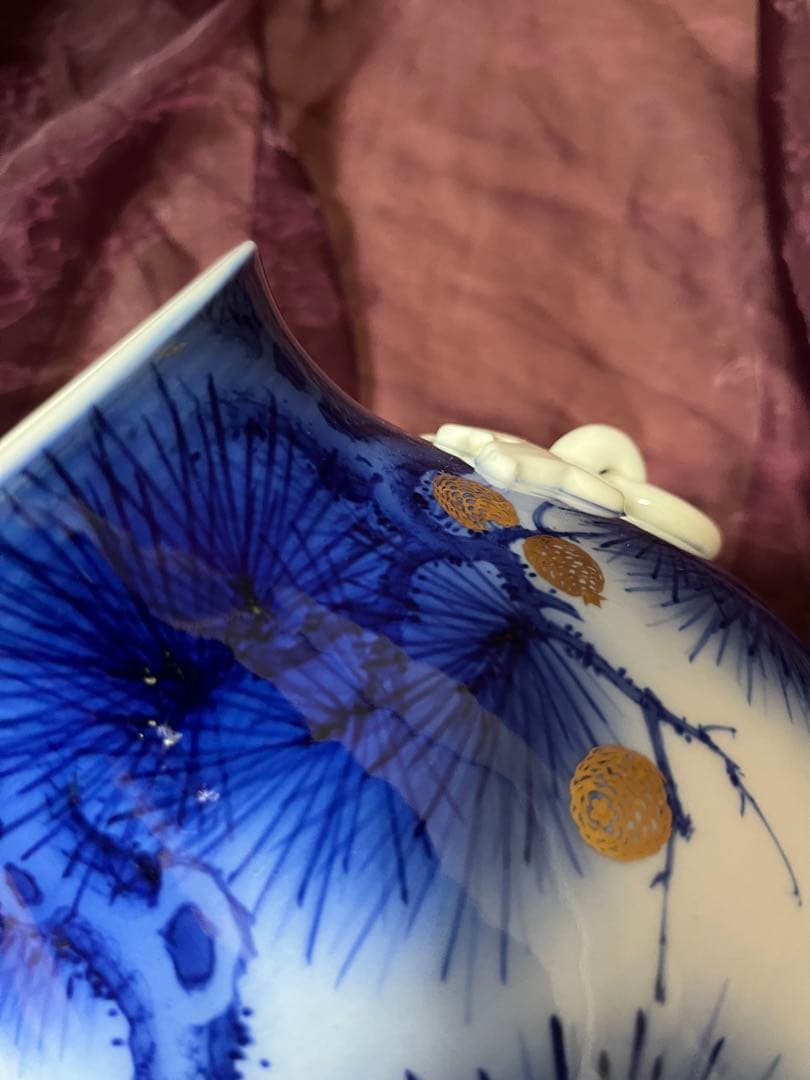 オールド香蘭社　染錦老松紋　耳付き花瓶　花瓶