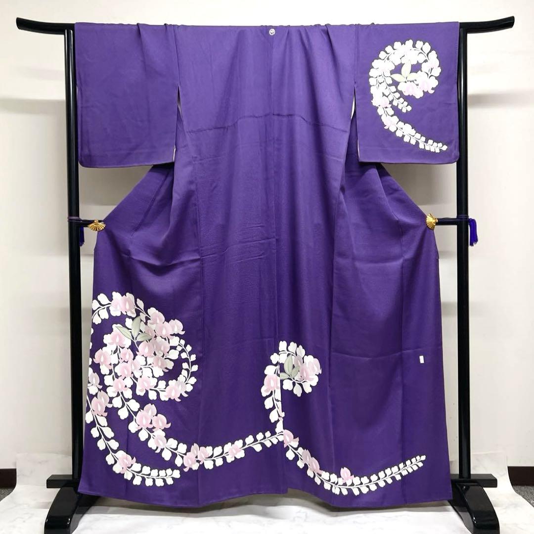 訪問着　藤の花　格子地紋　パープル　着物　025k