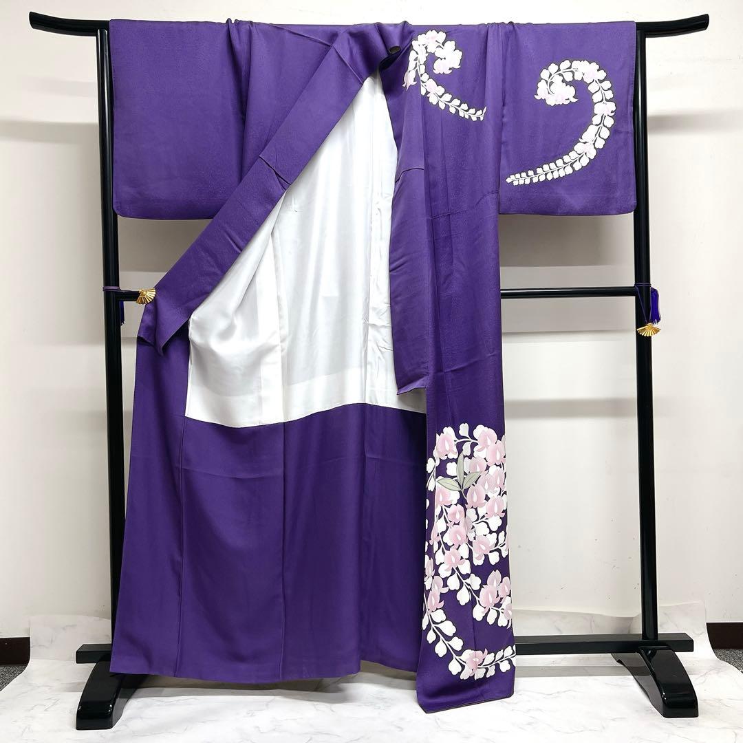 訪問着　藤の花　格子地紋　パープル　着物　025k