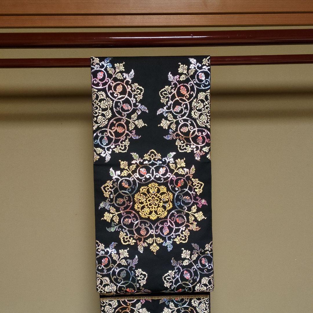龍村平蔵裂「御物平脱錦」黒地 花柄刺繍 袋帯 高島屋