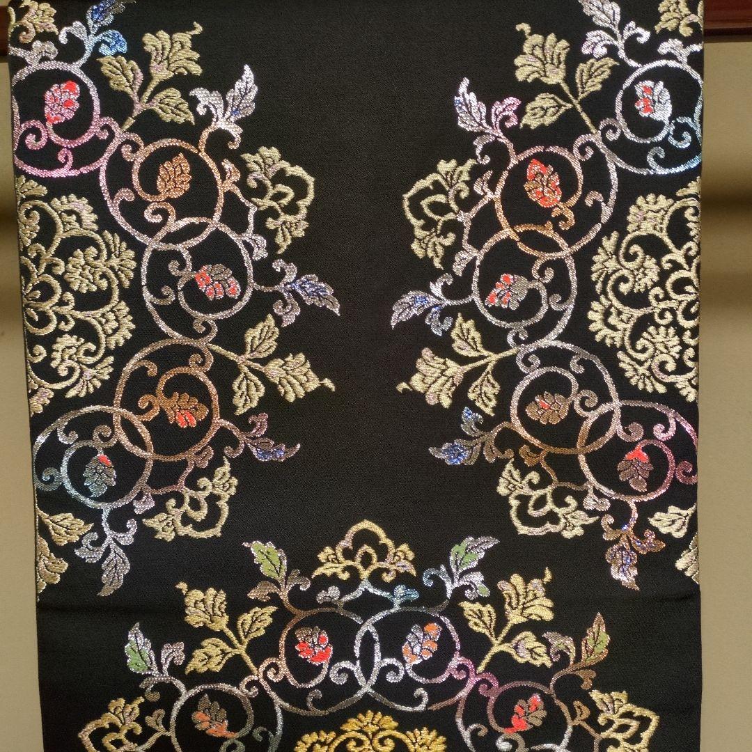 龍村平蔵裂「御物平脱錦」黒地 花柄刺繍 袋帯 高島屋