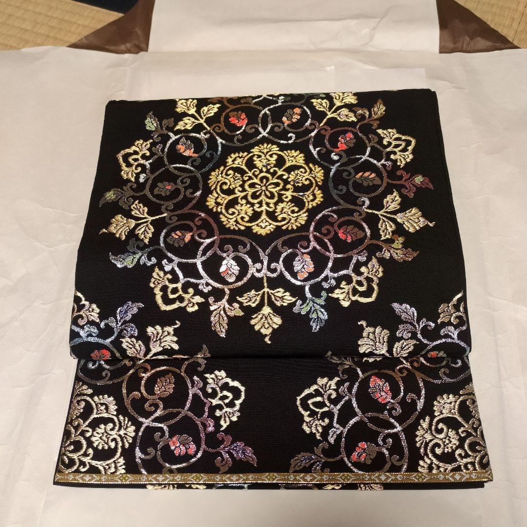 龍村平蔵裂「御物平脱錦」黒地 花柄刺繍 袋帯 高島屋