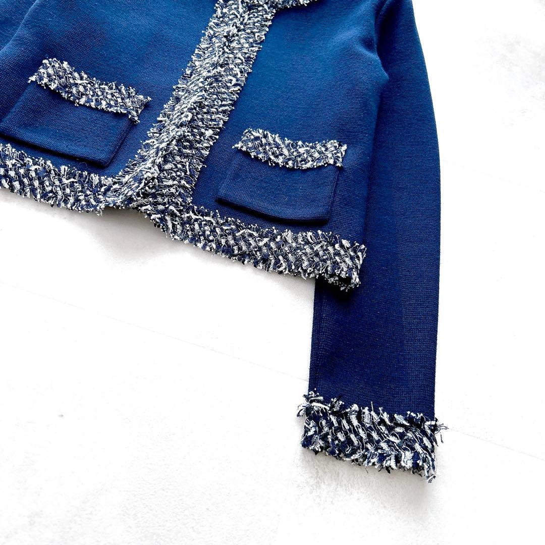 希少✨上質ルネ春ニットツイードジャケットミラノリブカーディガンネイビー近年モデル