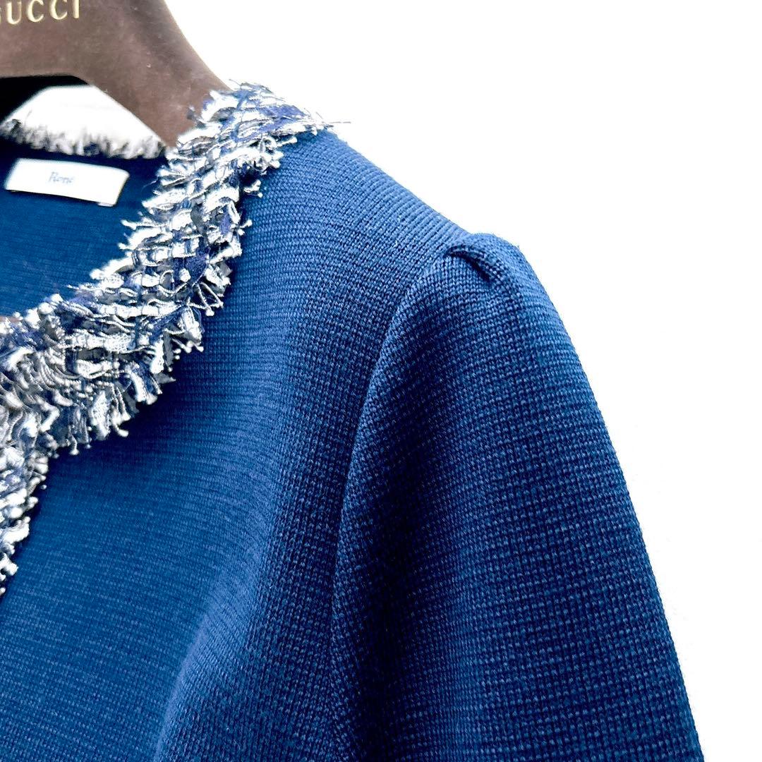 希少✨上質ルネ春ニットツイードジャケットミラノリブカーディガンネイビー近年モデル